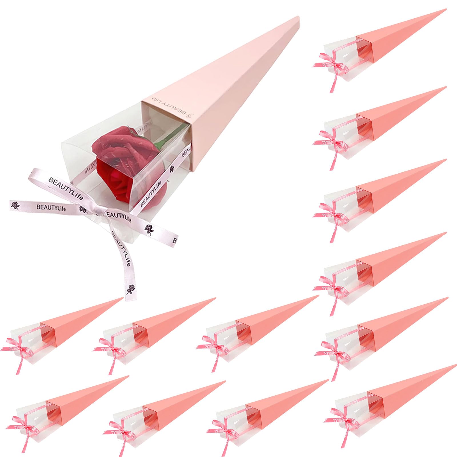 Photo 1 of 12 Pcs Flower Bags for Bouquets Single Rose Sleeve Box Transparent Triangle Rose Bag DIY Flower Wrapping Paper for Graduation Wedding Birthday Floral Arrangement (Pink)