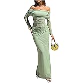 Floerns Women's Summer Maxi Dress Off Shoulder Long Sleeve Ruched Party Bodycon Dresses