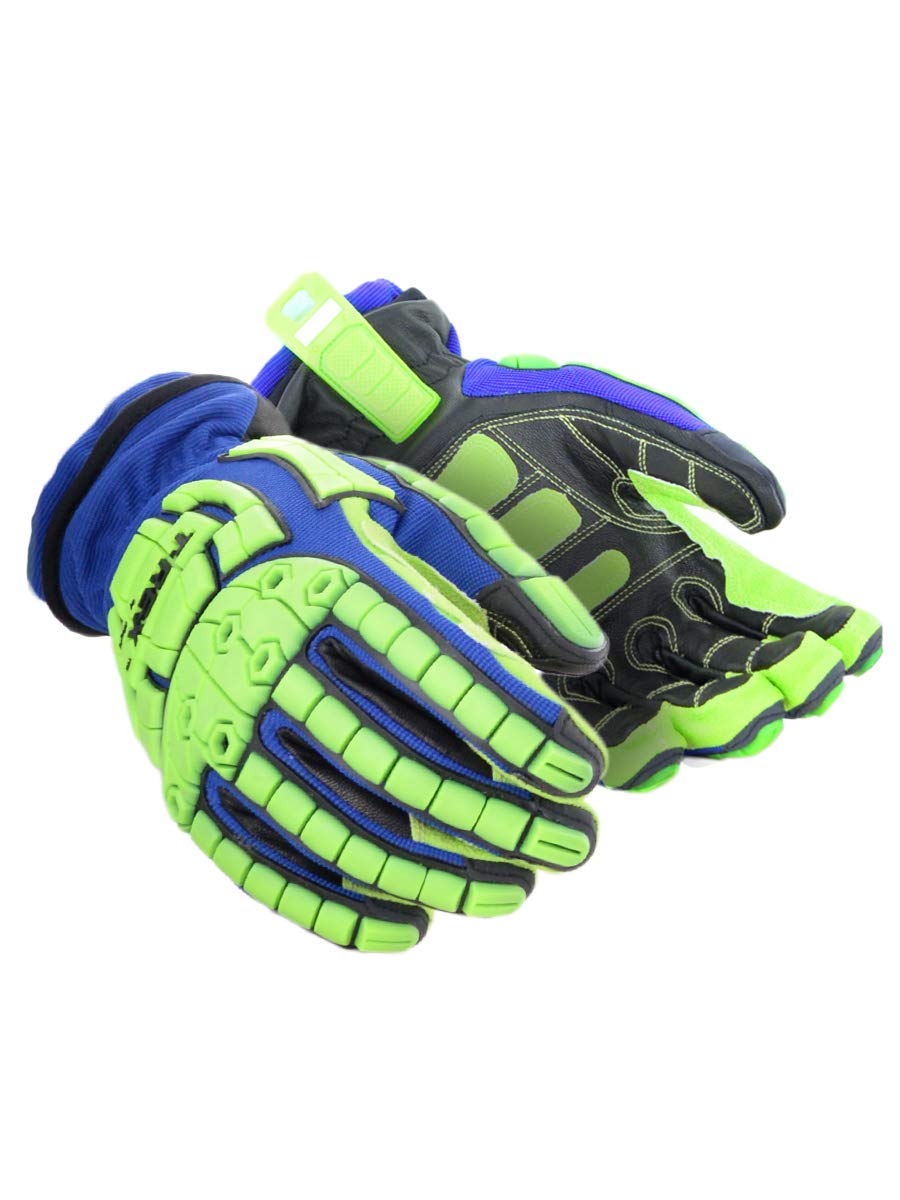 Magid Glove & Safety Insulated Winter Work Gloves | Leather Coated Cut Resistant Impact Safety Gloves with Thermal Liner & Waterproof Membrane - Blue/Green, Size Large (1 Pair), 9/L (TRX654WL)