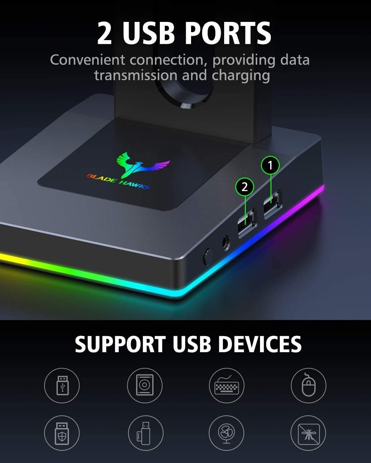 Blade Hawks RGB Gaming Headphone Stand with 3.5mm AUX and 2 USB Ports, Durable Headset Stand Holder for Bose, Beats, Sony, Sennheiser, Jabra, JBL, AKG, Fancy Gaming Accessories - HS18 (Only for PC): Electronics