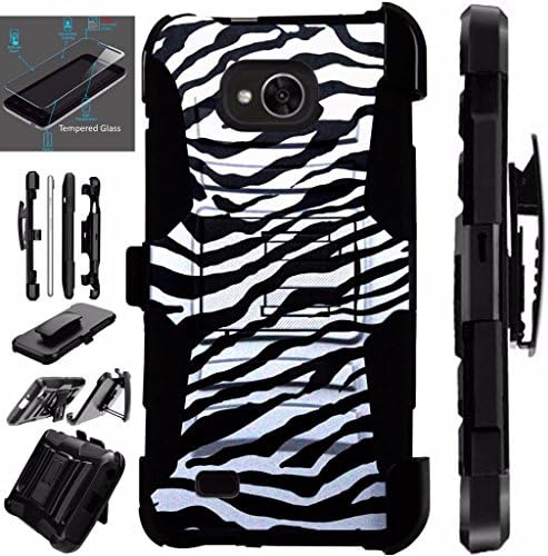For LG X Power 2 Case / LG Fiesta Case LTE / LG K10 Power Case (2017) / LG LV7 Case + Tempered Glass Armor Hybrid Case Silicone Cover Kick Stand LuxGuard Holster (Zebra Print)