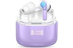 ORDTOP Wireless Earbud Bluetooth 5.3 Headphones, Hi-Fi Stereo Ear Buds with 4 ENC Cancelling Mics, 40H in-Ear Earphones IP7 Waterproof Sports, LED Display, Mini Headset for Laptop Pad TV Android/iOS, Purple