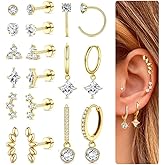 ZELORES Hypoallergenic 14K Gold Plated Huggie Hoop Earrings Flat Back Earrings for Women Men Stainless Steel Cartilage Hoop Stud Earring Set for Multiple Piercing Small Flatback Tragus Helix Piercing Jewelry for Sensitive Ears