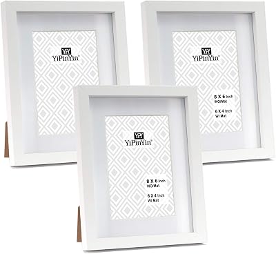 YiPinYin White 6x8 Inch Photo Frame 3 Pack with Mount Perspex 4x6/6x8