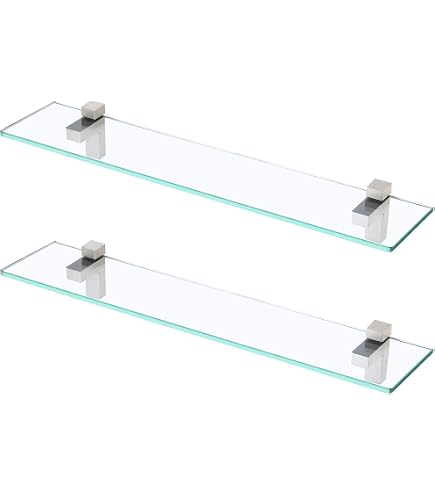 XVL 14-Inch Bathroom Glass Shelf – 2-Pack, Brushed Nickel Wall Mount Rectangular Shelves