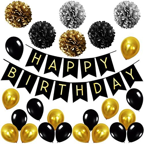 Birthday Party Gold Decoration Set, Happy Birthday Banner | Black, Gold Balloons | Paper Pom Poms Party Supplies for 1st, 30th, 40th, 50th, 60th Birthday Decoration