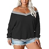 Plus-Size-Sweaters for Women Long Sleeve Waffle Knit V Neck Pullover Tops 1X-5X