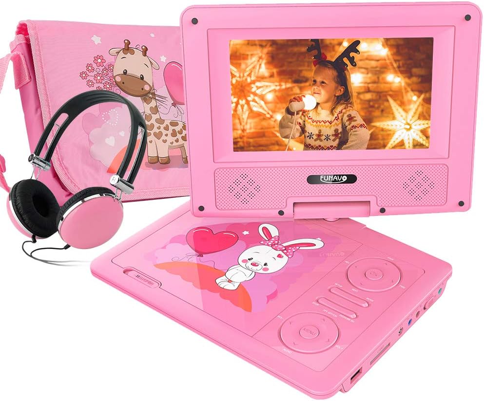 FUNAVO 7.5" Portable DVD Player with Headphone, Carring Case, Swivel Screen, 5 Hours Rechargeable Battery, SD Card Slot and USB Port (Pink)