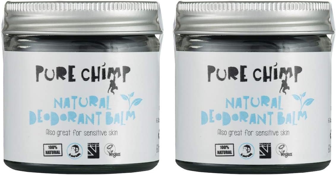 Natural Deodorant Balm 60ml by PureChimp - Recyclable Glass + Aluminium Lid - Activated Charcoal - Vegan - Alcohol & Palm Oil Free For Sensitive Skin (2 x 60ml)