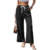 EdgeVibe Womens Wide Leg Elastic Waisted Pants Palazzo Trousers Adjustable Drawstring Casual Long Pleated Pants with Pockets