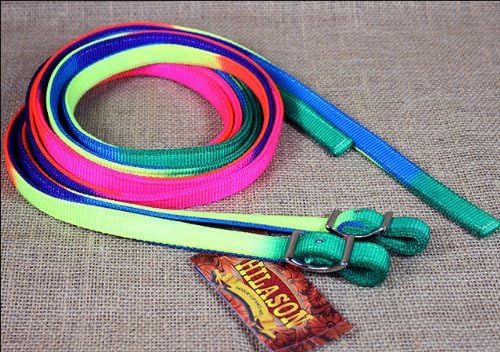 HILASON 5/8in x 7ft RAINBOW NYLON HORSE SPILT CONTEST REIN TACK NICKEL PLATED