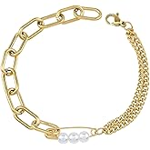 Silvershake SueBue 5MM White Imitation Pearl 18K Yellow Gold Plated Stainless Steel Safety Pin Chain Link Bracelet 7.5 Inch Jewelry for Women