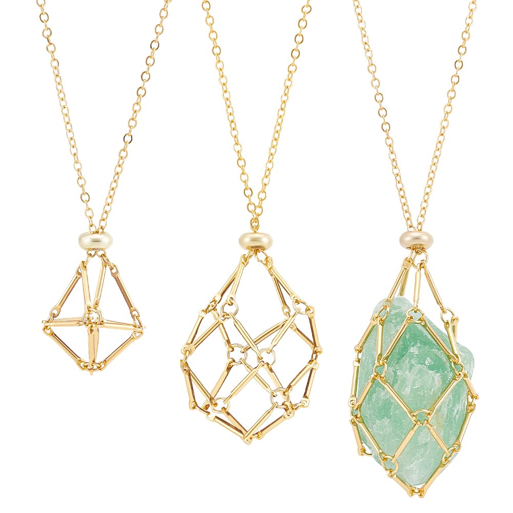 UNICRAFTALE 3Pcs 2-5.4cm 18K Gold Plated Adjustable Crystal Necklace Holder Empty Stone Holder Nets Necklace Pendant with Empty Crystal Cage Macrame Pouch for Pendant Necklaces Making