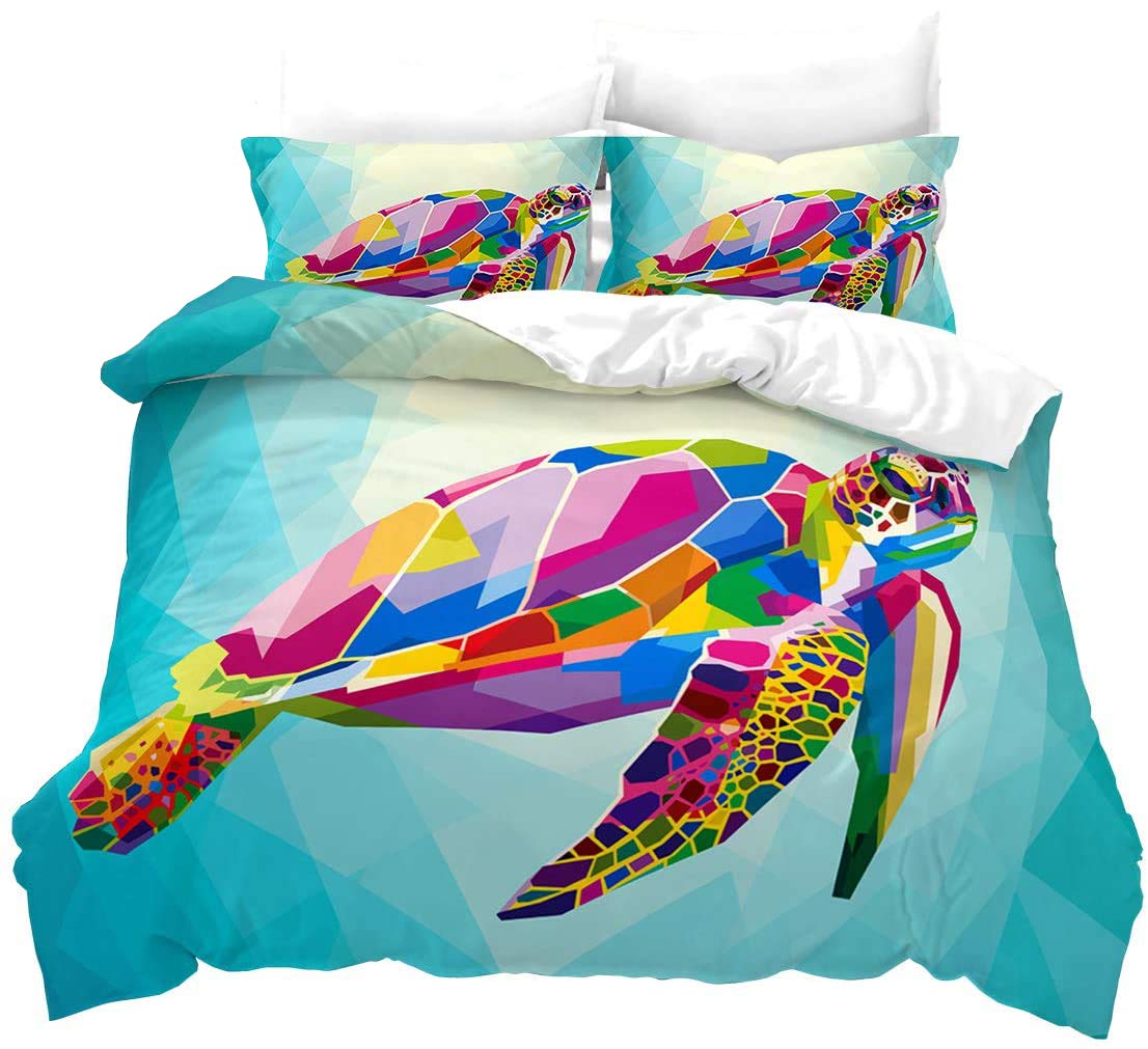 Loussiesd Sea Turtle Duvet Cover Set Double for Children Turtle Swimming Print Bedding Set Oceanic Wildlife Themed Comforter Cover with 2 Pillowcases Creatures Microfiber Zipper 3 Pcs Bedspread Cover