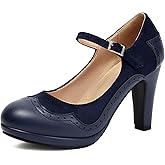 graceretro Women's Mary Jane Wingtip Classic and Retro 1920s Pump Heels Oxford Pattern Vintage Round Closed Toe 1950s Ankle Strap Dress Shoes