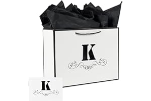 ysmile Letter Gift Bag with Wrapping Tissue for Men Women Boy Girl, 12" Large White Black Paper Bag for Birthday Anniversary Baby Shower Wedding Party - Single K
