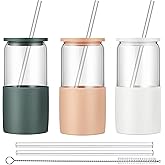 Sunseeke Glass Tumbler with Straw and Lid, 16oz Ice Coffee Cup, Silicone Sleeve Cleaning Brushes, Drinking Glasses for Water, Iced Coffee, Smoothie -BPA Free -3 Pack