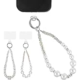 Xyembu 2 Pieces Pearl Phone Wrist Strap with Tether Tab Pearl Beaded Wrist Lanyard Cell Phone Beaded Charm Detachable Anti-Loss Bracelet Strap Keychain Hands-Free Wristlet Bracelet