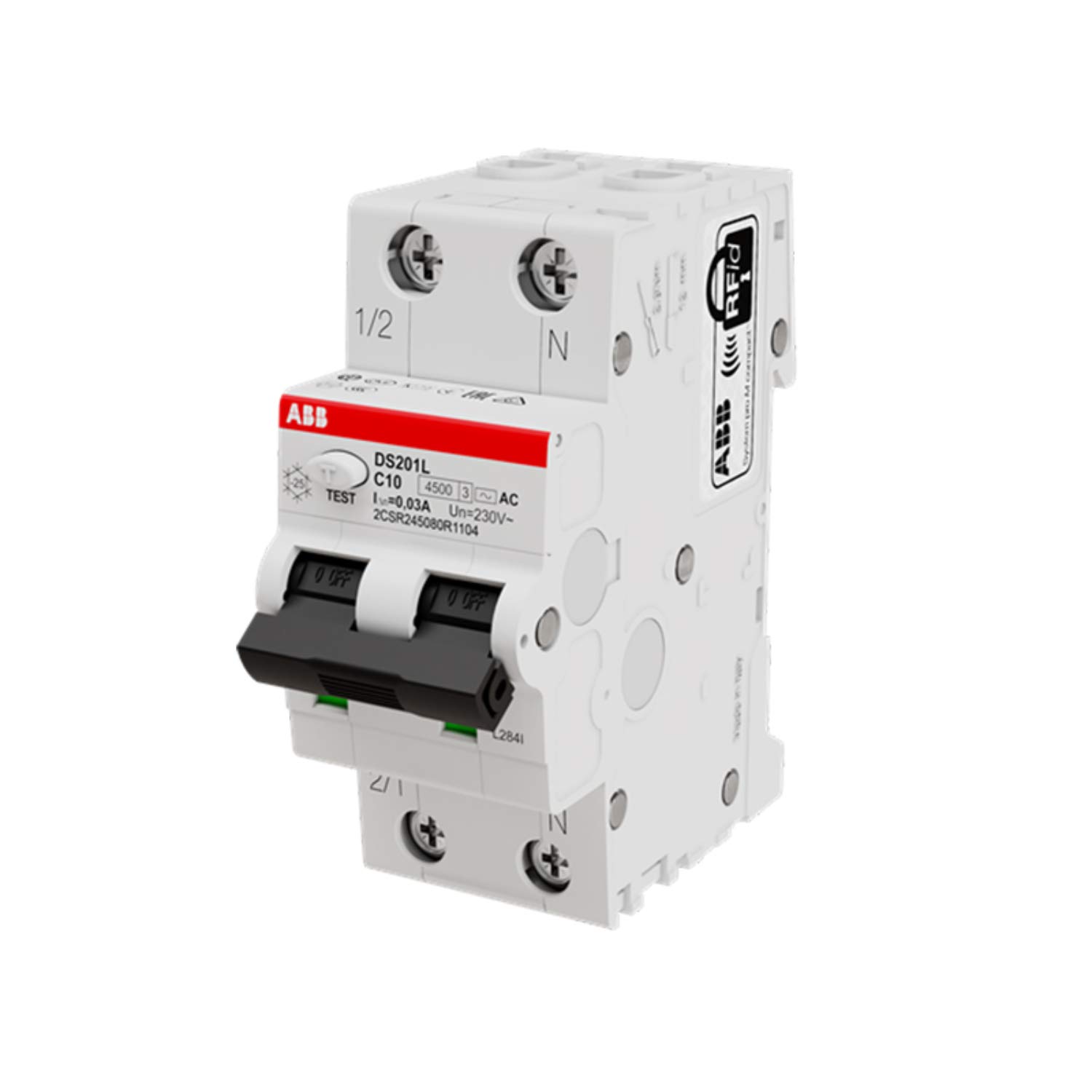 DS201L C10 AC30 Combination Differential Switch, 1P+N, Type AC, Rated Current 10A, Rated Residual Current 0.03A (Reference: ABB 2CSR245080R1104)
