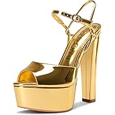 NobleOnly Platform Heels for Women Platform Sandals Chunky Block Peep Open Toe Ankle Strap Sandals Wedding Party Dress Shoes 5.9 Inches Heels