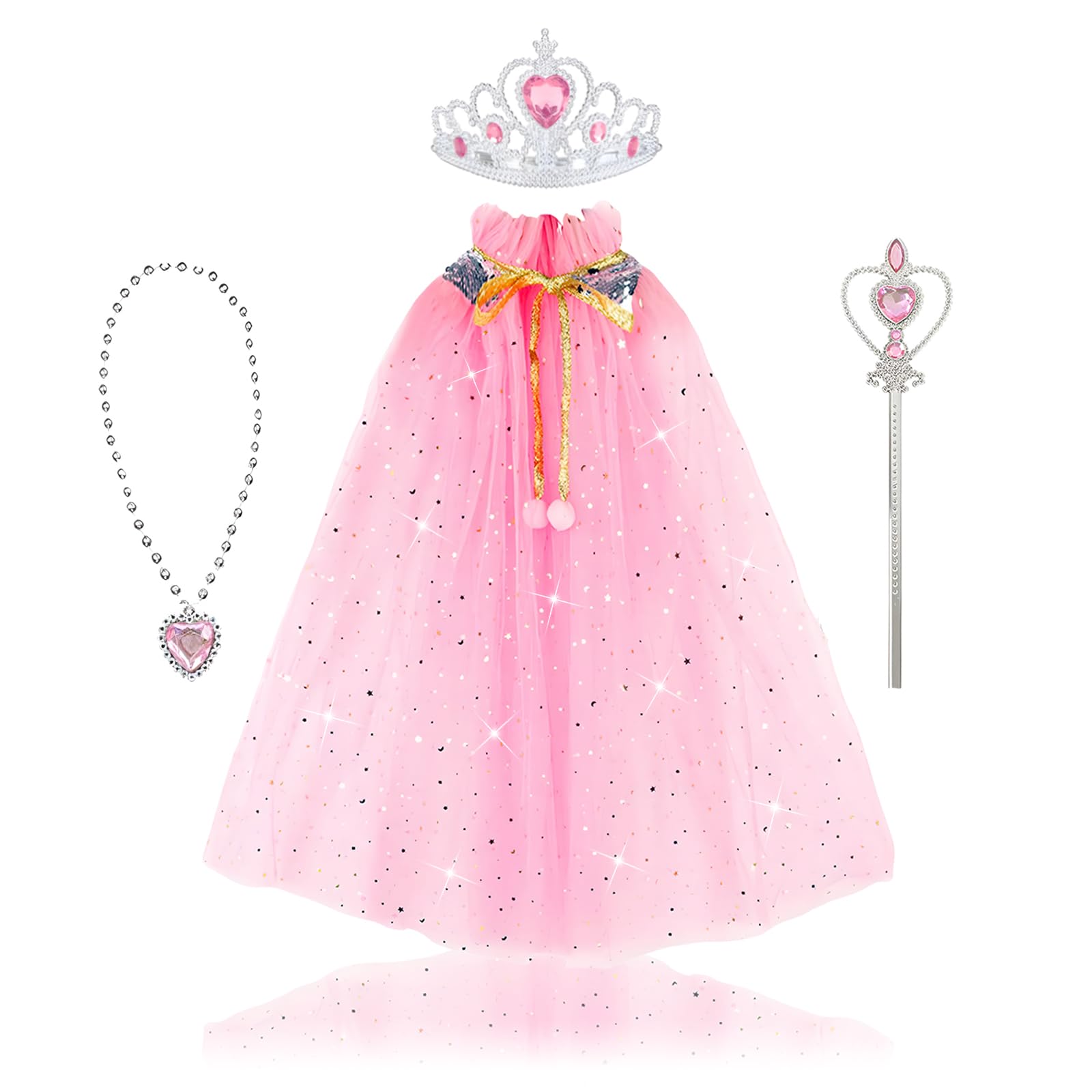 LURVOUS 4 Pcs Princess Costume Set, Princess Cape Princess Cloak Princess Fancy Dress, Sparkling Princess Cloak Glittering Mesh Cape with Crown Wand Necklace for Party Cosplay (Pink)