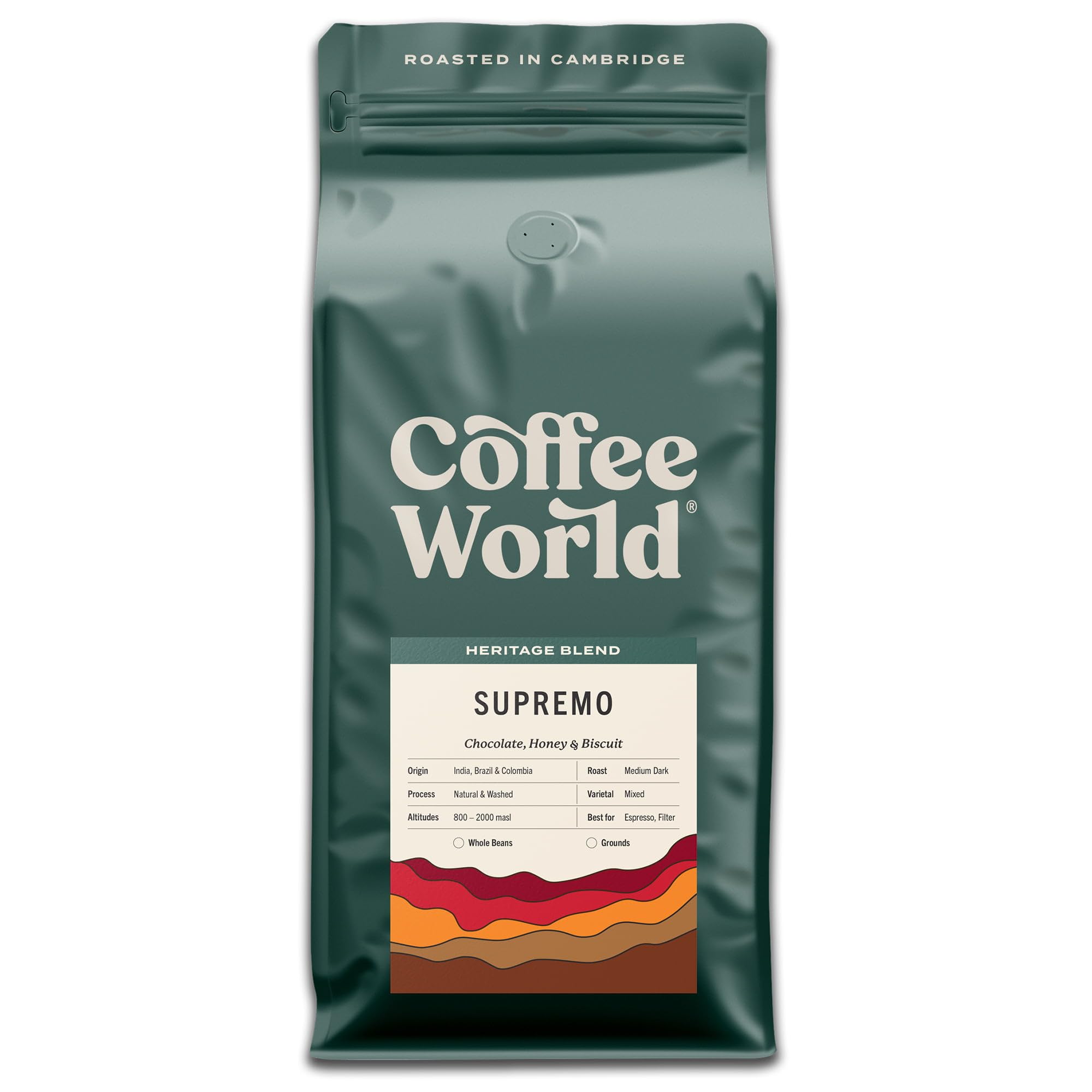 Coffee World, Supremo Blend, Roasted in Cambridge, Whole Coffee Beans, Retail Bag (1kg)