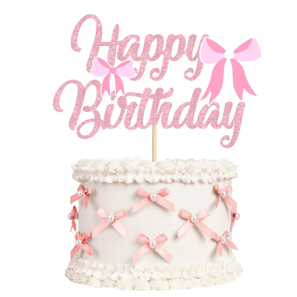 Photo 1 of 12Pcs Mini Pink Bow And Pearl Cake Toppers, 1 Pc Happy Birthday Sign,Coquette Cake Toppers for Pink Bow Birthday Decorations, Baby Shower, Bridal Shower, Graduation Party, Bachelorette Party