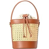 Rattan Straw Tote Bucket Bag for Women - PU Leather Summer Beach Holiday Purse