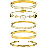 ZhiRui Women's 18K Gold Plated Stackable Bracelet Set - Waterproof Mother of Pearl Heart Cubic Zirconia Jewelry Gifts for Women