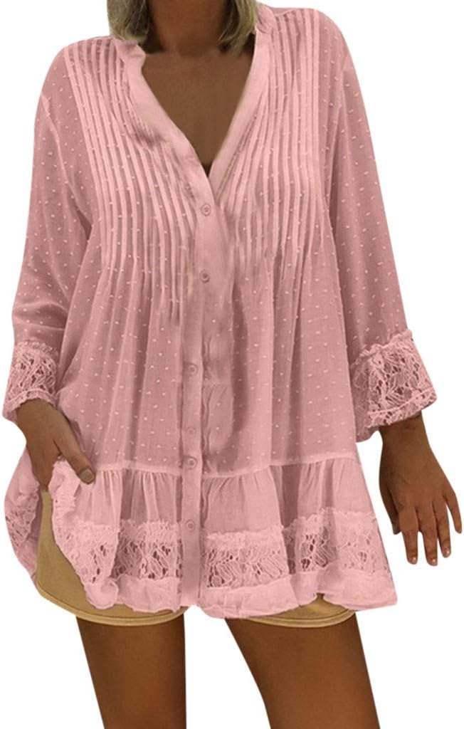 QIQIU Womens Sexy Solid Dot Print Boho V Neck Caftan Plus Size Vintage Cover Plus Size Hippie Baggy Blouses Tops