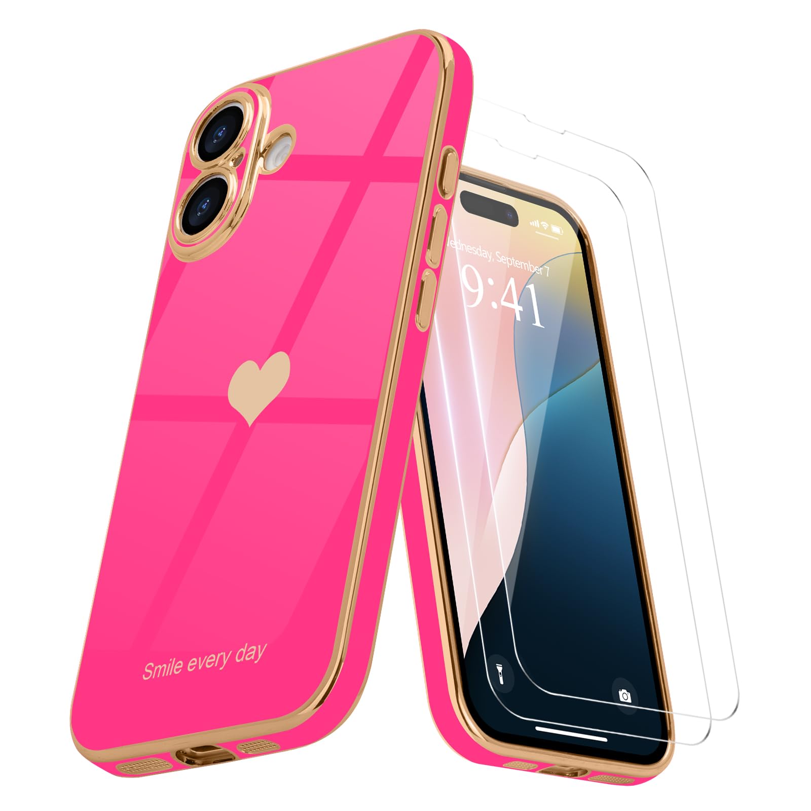 Teageo for iPhone 16 Case with 2 Screen Protector Heart Pattern for Women Girls Luxury Bling Plating Soft TPU Anti-Scratch Shockproof Bumper Phone Case for iPhone 16, Hot Pink