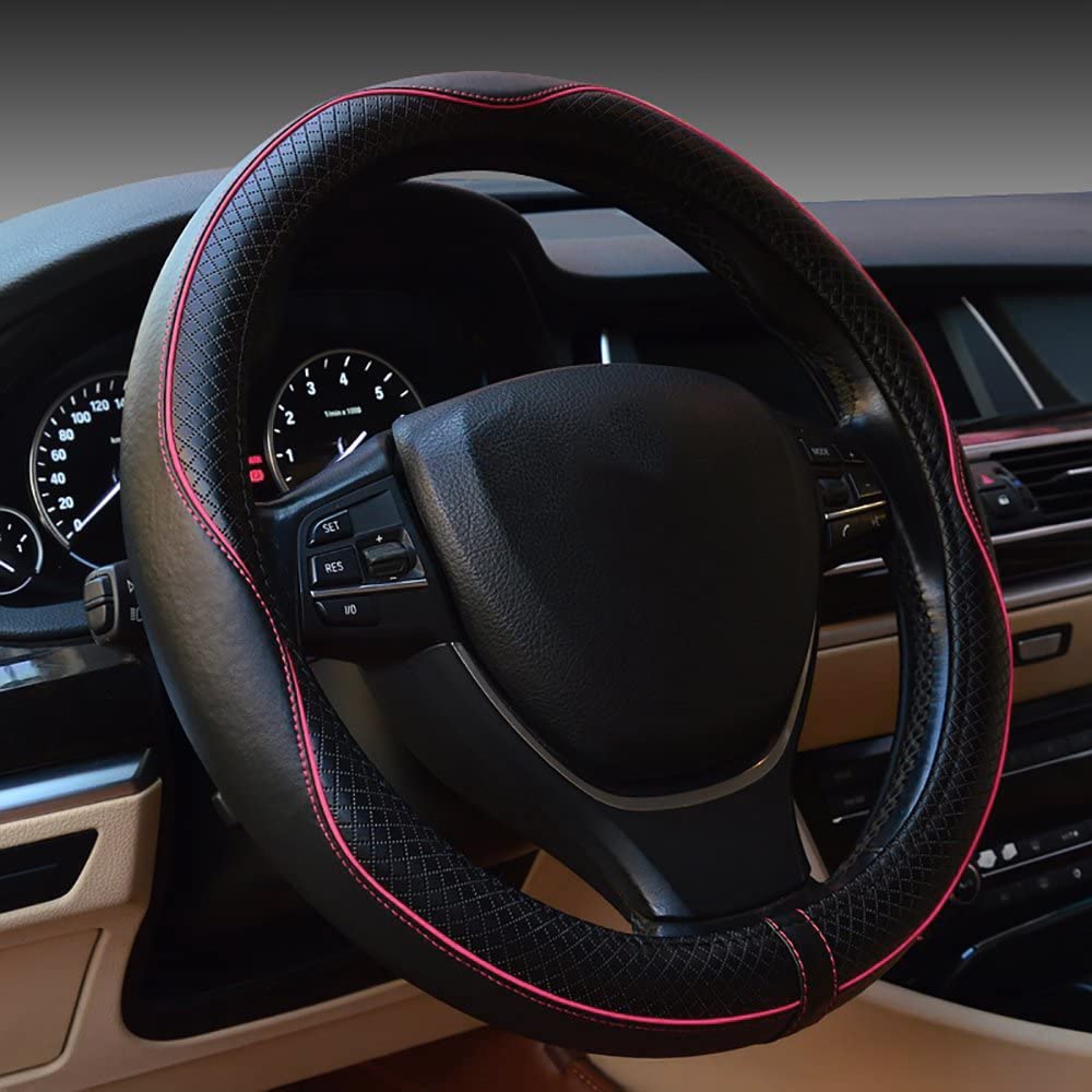 Photo 1 of Car Steering Wheel Cover, Anti-Slip, Safety, Soft, Breathable, Heavy Duty, Thick, Full Surround, Sports Style (Black with Pink Line)