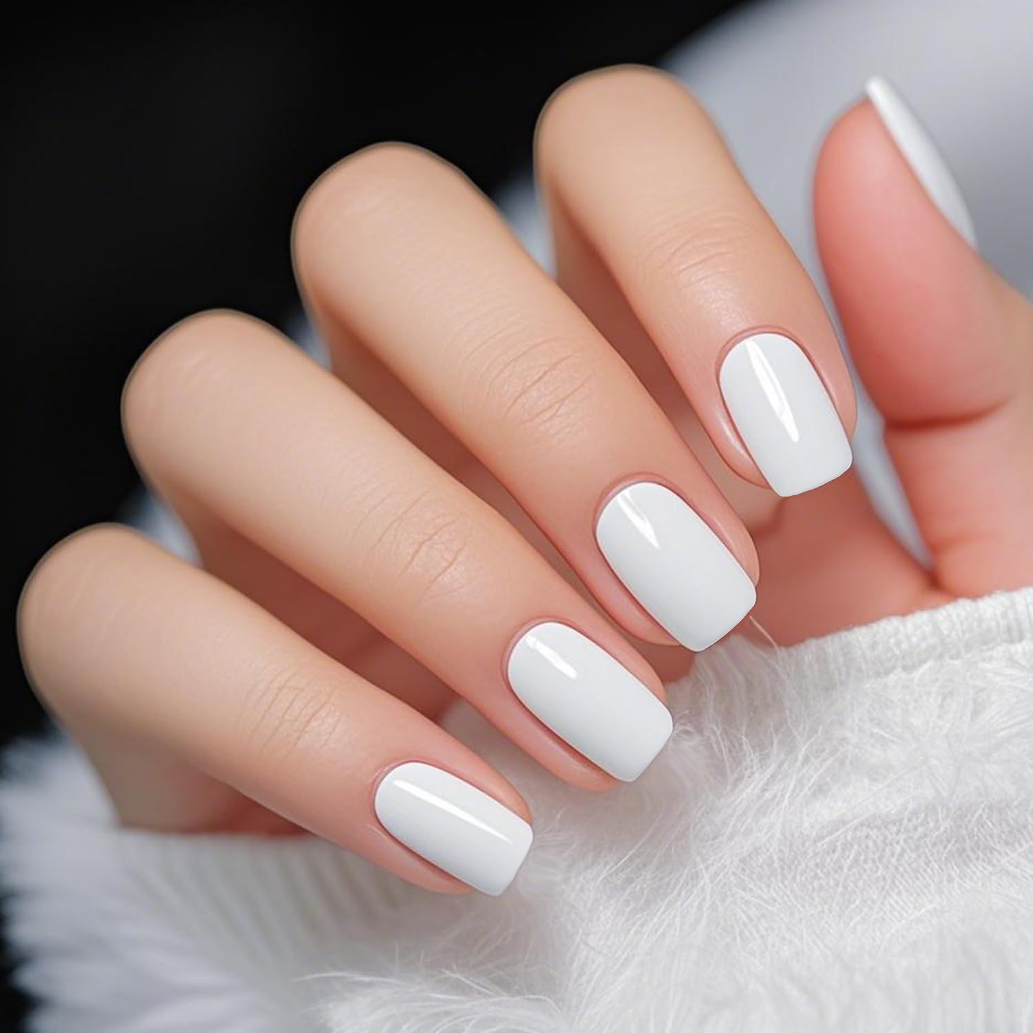 Press On Nails, Minimalist Design, Rounded Short - Square Press - On Nails for Women, Pure White Hue, Gel & Glue Included, 24 - Pcs Set with 12 Sizes