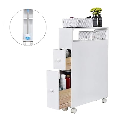 Slim Bathroom Storage Cabinet with Wheels, 2 Drawers and Baskets