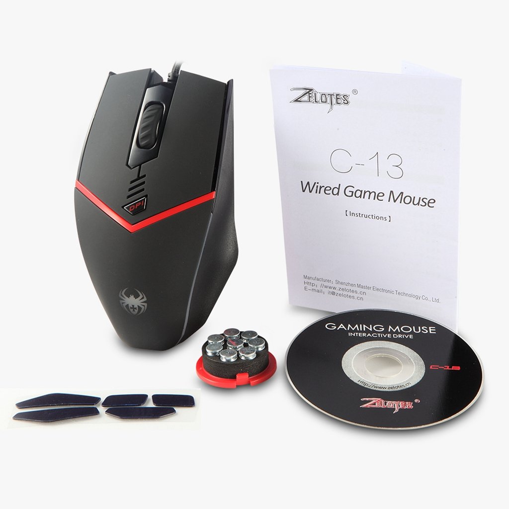 ZELOTES C13 Programmierbare Gaming Maus 3200 DPI USB Wired LED Computer Mouse with 6 Tasten, 5 Einstellbare DPI, Gewicht Tuning Set