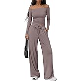 Trendy Queen 2 Piece Off Shoulder Set Womens Wide Leg Pants Side Ruching Slightly Crop Top Sets