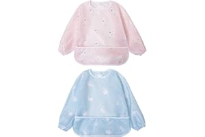 Little Dimsum Mess-Proof Baby Bibs|Infant Toddler Long Sleeve Waterproof Feeding Art Smock|Catching Food & Wipe Clean| Pack of 2 Colors Duck&sheep