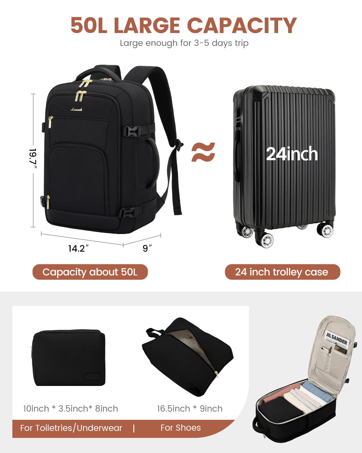 LOVEVOOK Carry On Backpack, 50L Large Travel Backpack For Airplanes