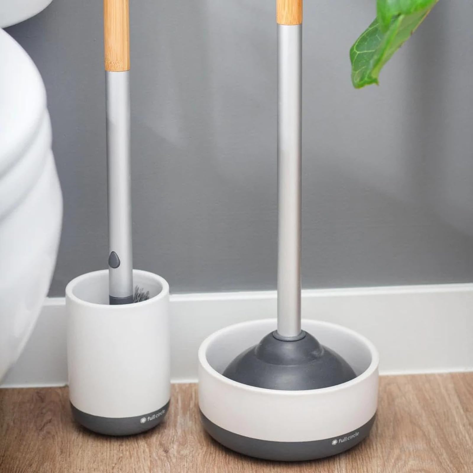 Full Circle Royal Plunge – Bathroom Toilet Plunger with Bamboo Handle and White Ceramic Holder