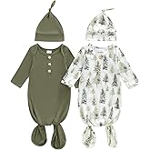woshilaocai 2 Pack Baby Boy Girl Gown Sleeper Newborn Knotted Nightgown and Hat Set Infant Sleepwear