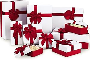 Tenceur 10 Pcs Gift Boxes with Lids Heavy Duty Nested Assorted Sizes Cardboard Gift Boxes for Presents with Ribbon for Xmas Holiday Present(Red, White,5 Size)