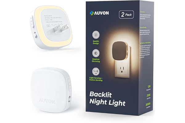 AUVON Plug-in LED Backlit Night Light with Motion Sensor & Dusk to Dawn Sensor, Dimmable Warm White Nightlight with 1-50 lm A