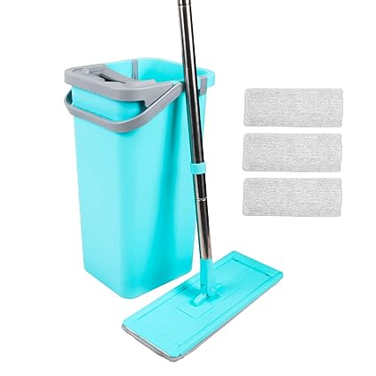 Kalokelvin Bodenwischer Set, Wischmop mit Eimer, Wischsystem Rundum-Drehgelenk Wischer, mit 4 Mikrofasertuch - Blau