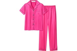 UNICABBIT21 Cute Satin Pajamas for Big/Tween Girls Silk Button Down Short Sleeve & Pants PJS Clothes Nighty Size 8-16