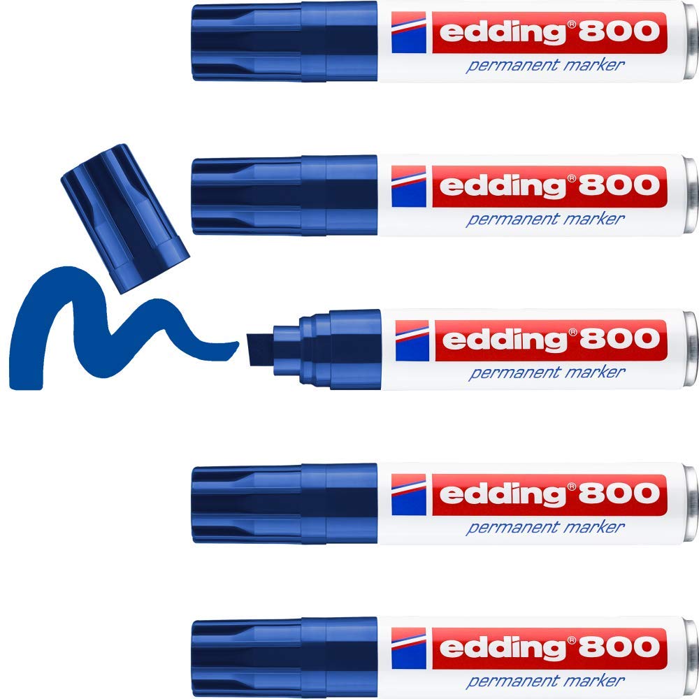 edding 800 permanent marker - blue - 5 pens - chisel tip 4-12 mm - for bold markings - waterproof, quick-drying, smear-proof pens - for cardboard, plastic, wood, metal, glass and fabric