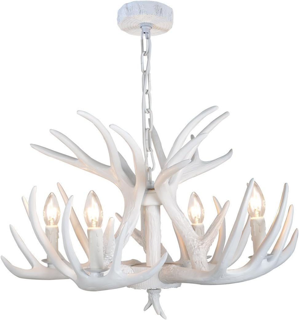 CHIRPSSTAG EFFORTINC Resin Antler Chandelier White Antler Chandelier Living Room Dining Room Easy Installation (4 Lights)