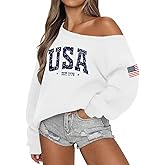 Lacozy USA Sweatshirt for Women Oversized Off the Shoulder Sweater Fleece Lined Long Sleeve Hoodie 4th of July Outfits