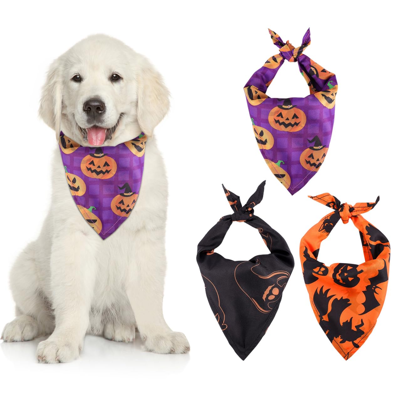 3 Packs Dog Halloween Bandanas - Reversible Bandanas Scarfs Triangle Bibs for Small Medium Large Dogs Pet, Pumpkin, Ghost, Witch Pattern, halloween Dog Costumes