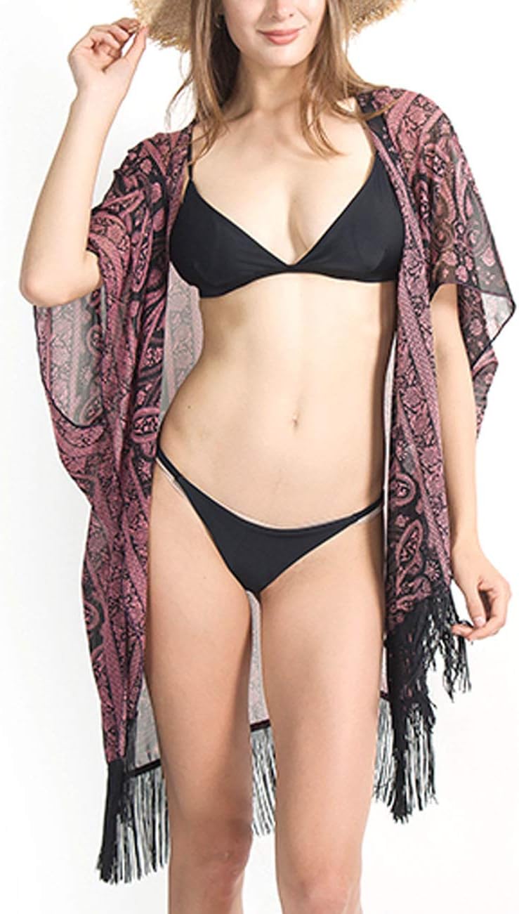 GRACIN Women's Swimsuits Coverups Floral Kimono Cardigan, Chiffon Swimwear Bikini Cover Up with Fringe (35", Mauve)