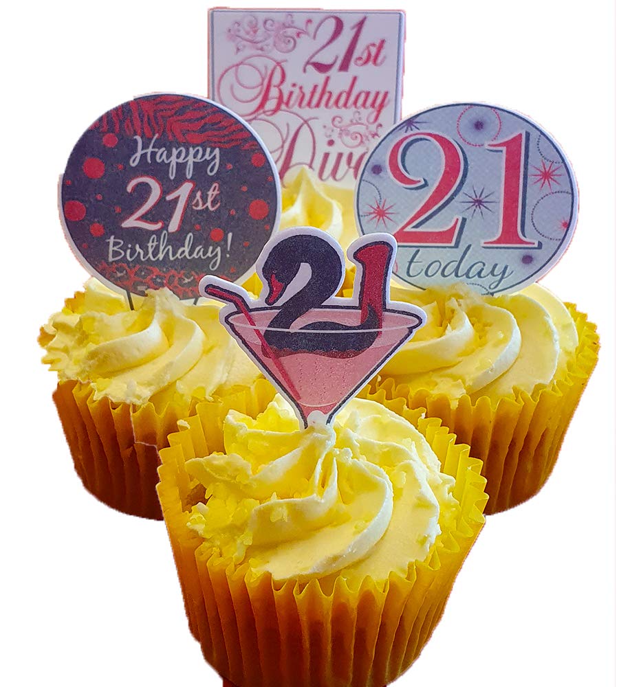 21st Birthday Female, Edible Cupcake Toppers - Stand-up Wafer Cake Decorations (Pack of 12)